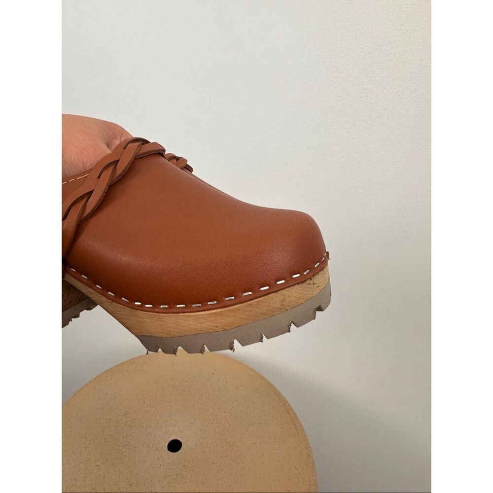 MIA Women’s Elsa Luggage Brown Leather Braid Swedish Heeled Clogs - Picture 11 of 14
